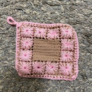 Handmade with love crocheted potholder or hot pad beige and pink color. NEW